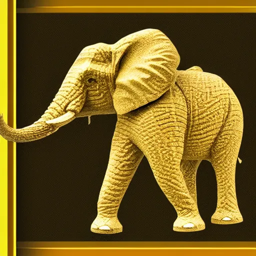 Image similar to a 1 bit grpahical render of an elephant with a golden sword in the background, 1 bit image.