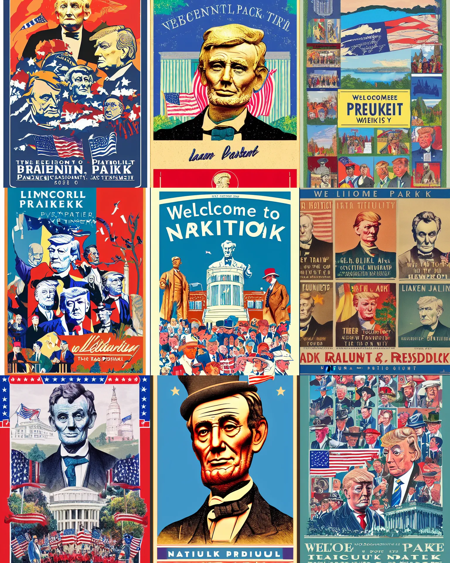 Prompt: welcome to beautiful president national park! lincoln, fdr, teddy, ike, trump, patriotic, god bless america! vibrant tourism poster, colorful, cartoon
