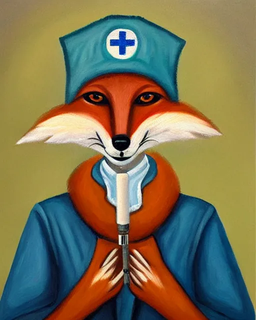 Image similar to oil painting portrait of anthropomorphic female fox animal dressed in doctor's coat, surgical mask covering mouth, holding syringe, fox animal, hospital in background, oil painting,