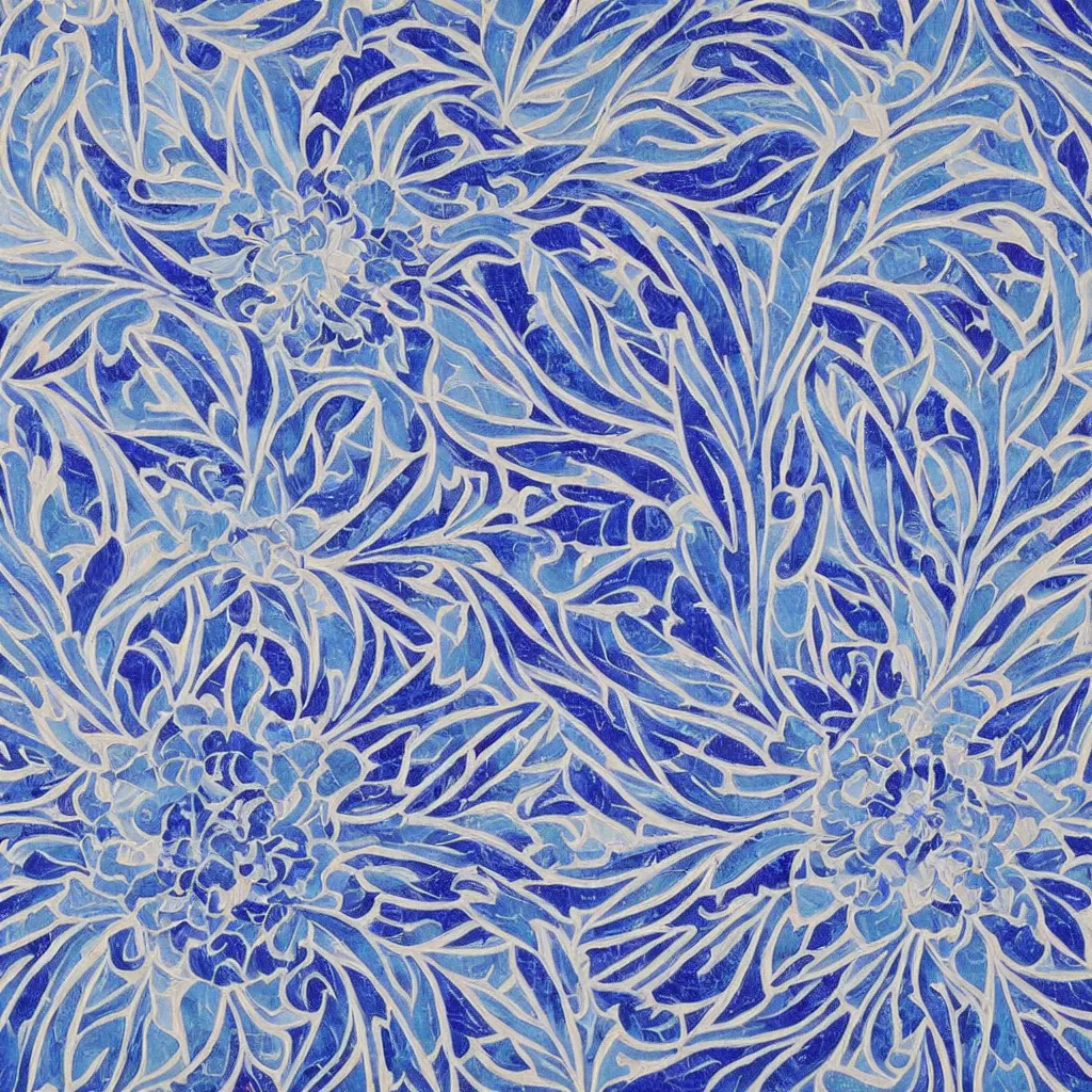 Prompt: a impasto oil painting of beautiful, symmetric indian pattern, blue! and white colors, ultra high details, symmetry, large geometric shapes