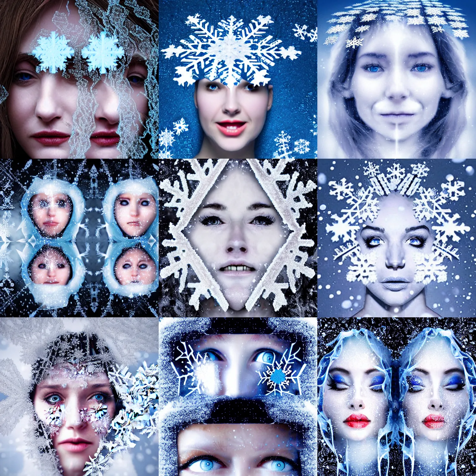 Prompt: surreal photography snowflakes with ice princess faces