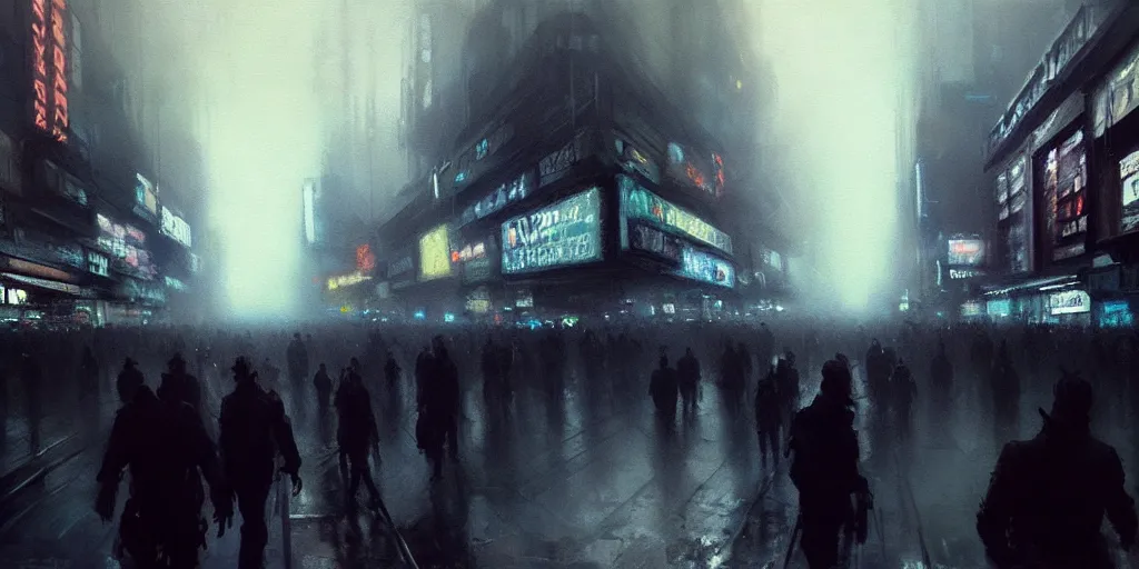 Prompt: beautiful painting by jeremy mann, large crowd in a cyberpunk street, still from blade runner movie, desaturated, oil painting, perfect composition, detailed octane render trending on artstation, volumetric fog, ominous, unsettling, 8 k artistic photography, volumetric cinematic perfect light