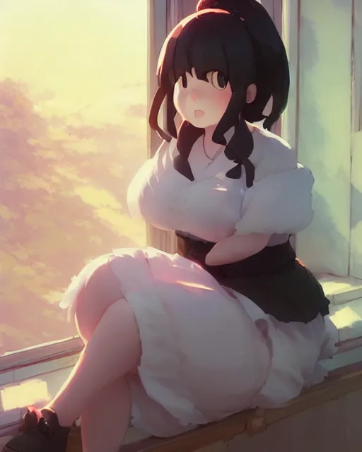 Image similar to a cute stylized thicc ghost, sitting on a windowsill of an old house, dramtic lighting, calming ， by makoto shinkai an krenz cushart