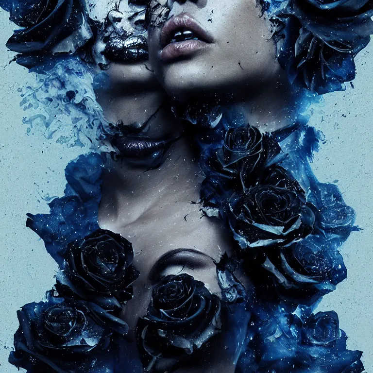 Image similar to 3 d, white and black smoke, sun rays, confident fashion model, sweat skin, liquid black metal, black roses, poster art, high detail, intricate oil painting, multiple exposure, deep blue mood, hyperrealism, 3 d, by tooth wu and wlop and beeple and greg rutkowski