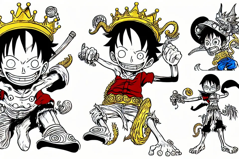 Prompt: concept sketches of luffy wearing a gold crown riding a large dragon by jamie hewlett, in the style of megaman, micro detail, disney cartoon