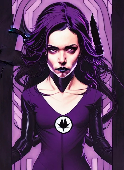 Image similar to Rafael Albuquerque comic cover art, artgerm, Joshua Middleton, pretty Stella Maeve witch doing black magic, serious look, purple dress, symmetrical eyes, symmetrical face, long black hair, full body, dark forest, cool colors