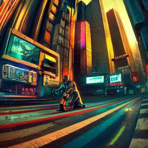 Prompt: 2 5 th century!!!!! cyberpunk!!!!! town street, cinematic photography, vibrant, fisheye!!!!! lens, ( ( ( ( ( worm's - eye view ) ) ) ) ), illustrated by max hay, artstation, cgsociety contest winner, dramatic lighting, vignette