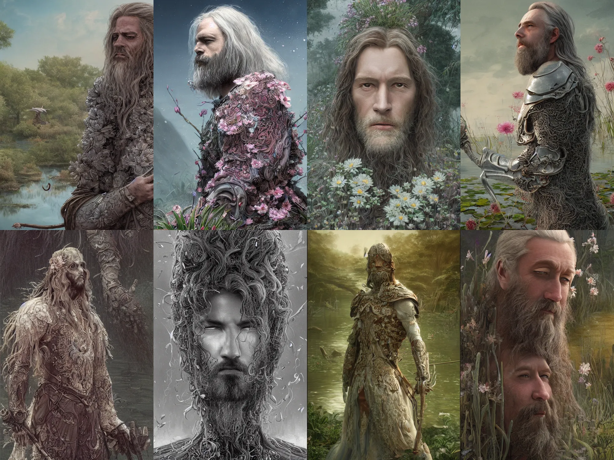 Prompt: a portrait of a white knight with long hairs, a pond with flowers in the background, art by James Jean and Wayne Barlowe, high detail, cinematic, cgsociety 8k