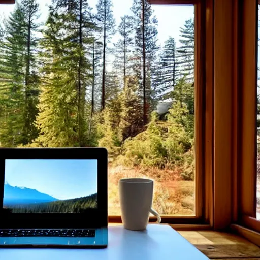 Image similar to A laptop on a work desk inside a cozy wooden cabin with a window overlooking a nice lakeside view with bright sunshine outside