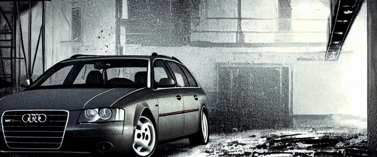 Prompt: Audi A4 B6 Avant (2002), a gritty neo-noir, dramatic lighting, cinematic, eerie person, death, homicide, homicide in the snow, viscera splattered, gunshots, bullet holes, establishing shot, extremely high detail, photorealistic, raging fire at a warehouse, arson, cinematic lighting, artstation, by simon stalenhag, Max Payne (PC) (2001) winter New York at night, In the style of Max Payne 1 graphic novel, flashing lights, Poets of the Fall - Late Goodbye