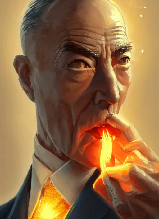 Image similar to a highly detailed illustration of j. r oppenheimer smoking a glowing nuclear cigarette, dramatic pose, intricate, elegant, highly detailed, centered, digital painting, artstation, concept art, smooth, sharp focus, league of legends concept art, wlop.