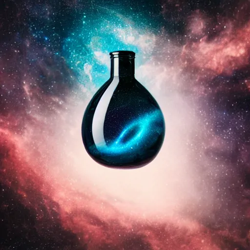 Prompt: professional studio photograph of a swirling galaxy contained within a bottle