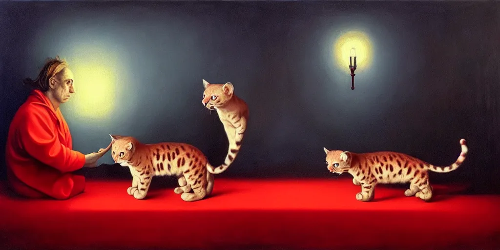 Image similar to ocelots in love, in the style of leonora carrington, gottfried helnwein, intricate composition, blue light by caravaggio, insanely quality, highly detailed, masterpiece, red light, artstation