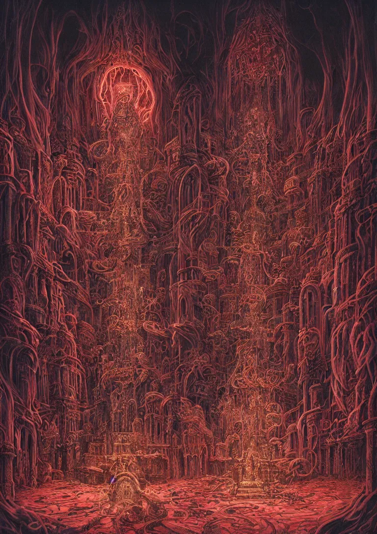 Prompt: matte painting of a gothic throne room, centered on a huge throne made of writhing entrails and organs, red tones, josan gonzales and moebius and enki bilal and and dan mumford and jean claude meziere and philippe druilleg