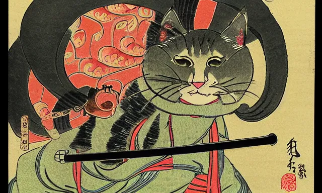 Prompt: cat samurai smoking a pipe with cannabis leaf background, in the style of utagawa kuniyoshi, japanese woodblock, classical japanese art, traditional japanese art, kitty, cat, neko, weed, marijuana, cannabis, highly detailed, award winning, dark, gritty, ink and watercolor