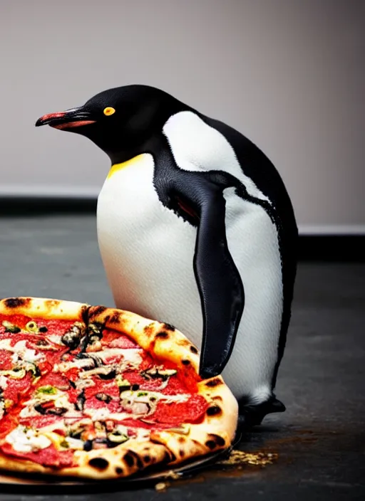 Image similar to photo of a penguin eating a pizza slice