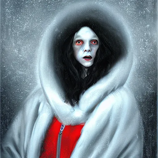 Prompt: horror movie poster art, a red headed woman in a parka in a snowstorm by Francisco Goya, dirk dziminrsky and Marco Mazzoni