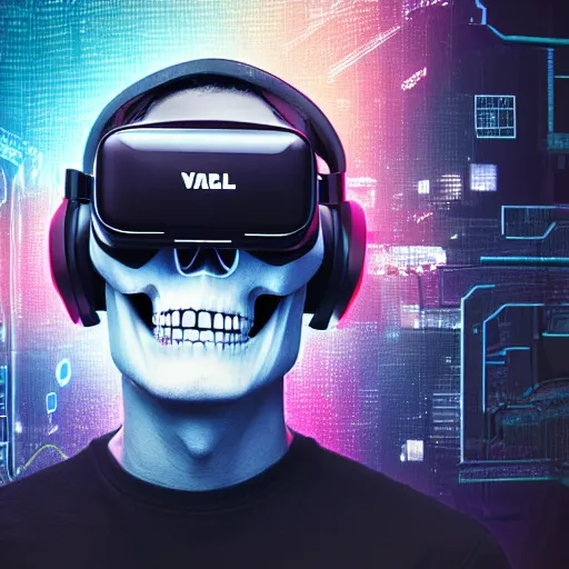 Image similar to a skull with a vr headset in a cyberpunk aesthetic, 4 k, with the word pixel written on the headset