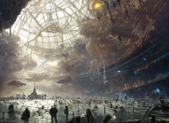 Prompt: A bustling beautiful city on the sea floor inside a glass dome being invaded by aliens, war, explosions, violence, terror, anime, fountain, statue, underwater, rapture, fish flying over head, godrays, a fantasy digital painting by Greg Rutkowski and James Gurney, trending on Artstation, highly detailed
