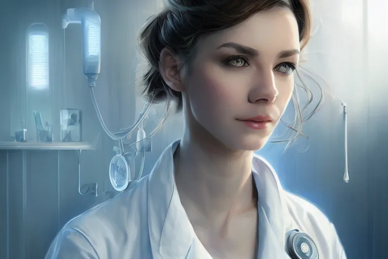 Image similar to a poster of an elegant and beautiful female doctor in a white coat in a hospital ward, cinematic, highly detailed, digital painting, artstation, concept art, matte, sharp focus, illustration, art by artgerm and greg rutkowski