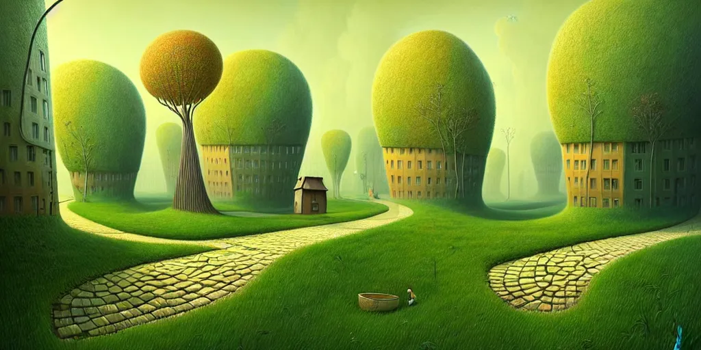 Prompt: Neutral colors , Gediminas Pranckevicius, Beautiful artwork city of the future, overgrown with trees and plants. Nice colour scheme, warm colour. Beautiful artistic digital artwork by artist Lurid. (2022)