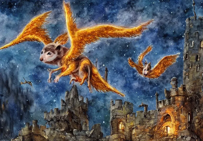 Image similar to legendary fire winged possum flying over a medieval forest castle at night under the dark starred sky, dark fantasy, watercolor, dreaming illusion, highly detailed, 4k, trending on Artstation