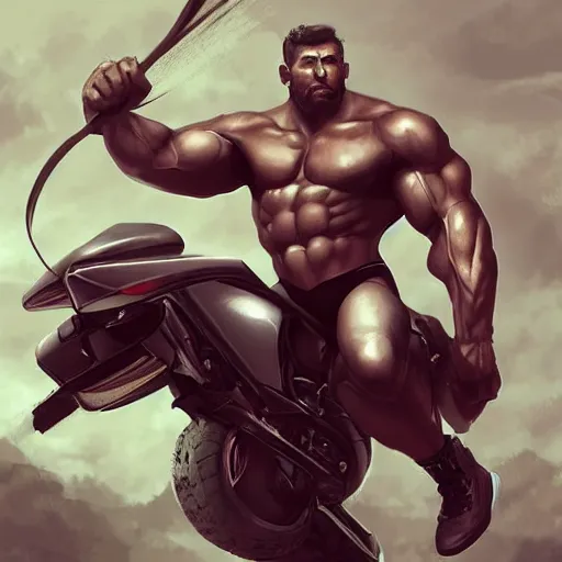 Image similar to muscular man riding jumping motorcycle through the air from demons, digital painting, muted colors, illustration, artgerm, artstation