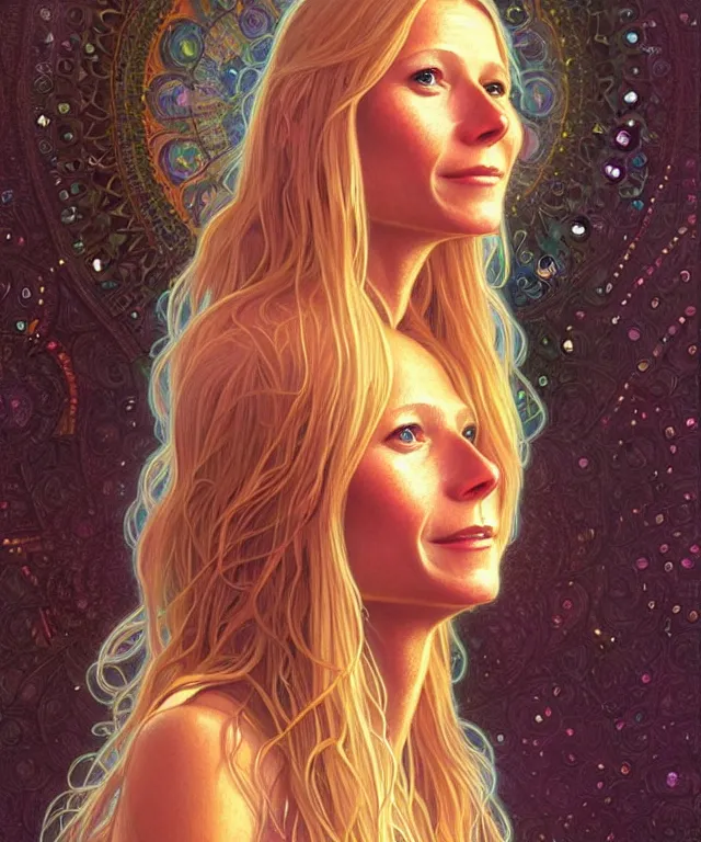 Image similar to Gwyneth Paltrow as a meditating new age hippie with beads and crystals, portrait, intricate, elegant, highly detailed, digital painting, artstation, concept art, smooth, sharp focus, illustration, art by artgerm and greg rutkowski and alphonse mucha