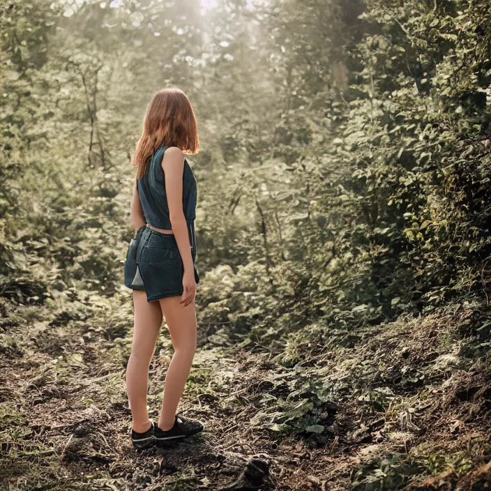 Prompt: a woman, in nature, backlit, wearing shorts, backlit, photo by Marat Safin, Canon EOS R3, f/1.4, ISO 200, 1/160s, 8K, RAW, unedited, symmetrical balance, in-frame