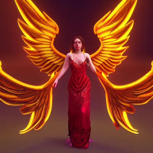 Image similar to a beautiful orchid phoenix angel woman, in an ornamented dress with large wings, photorealism, octane, unreal engine, volumetric light, god rays, 8 k high resolution, rubies