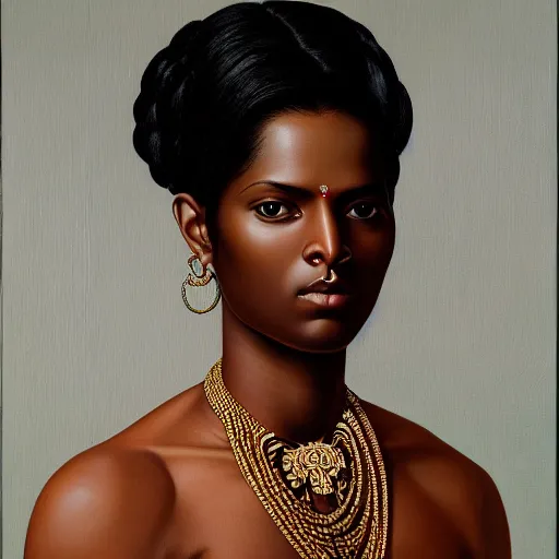 Image similar to A portrait of a slender stylish and attractive non-binary person, dark skin tone, Indian, oil painting by Kehinde Wiley, majestic, detailed, high resolution