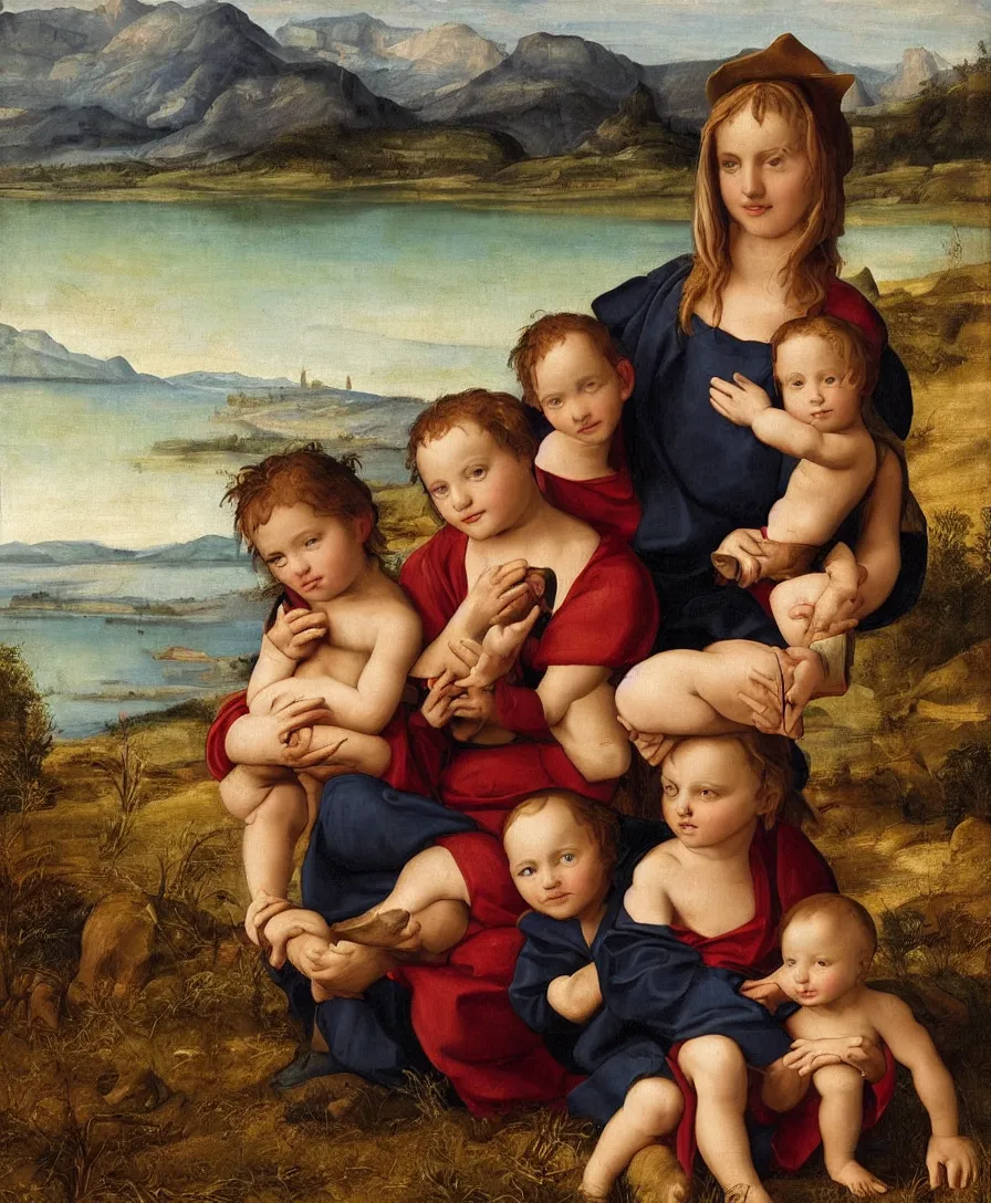 Prompt: Madonna sitting with two small boys in a dried out meadow, boy holding cross, lake, mountains, town in background, close up, in the style of Raffael, oil painting, Italian Renaissance