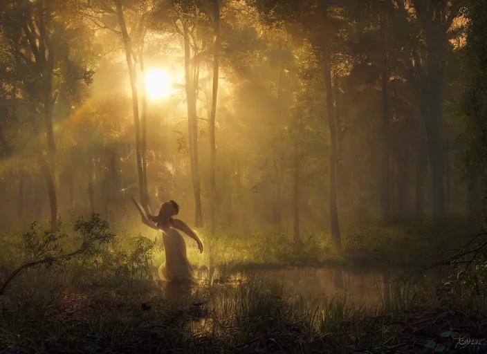 Image similar to misty swamp, hazy fog, sundown golden hour, early morning dance, smile, fireflies and sparkling wisps, rainbow sun rays through trees, Lilia Alvarado, Sophie Anderson, Mark Arian, Bob Byerley, Charlie Bowater, Mark Brooks, Steve Henderson, Justin Gerard, Arthur Hughes, Edward Robert Hughes, Mark Keathley, Victor Nizovtsev, Carlos Shwabe, Ross Tran, WLOP