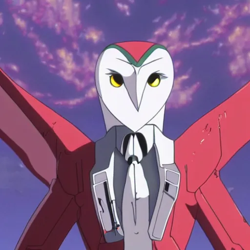 Prompt: a shot of a barn owl in a suit in evangelion 1 0 movie, movie shot, anime, hightly detailed, rescalated 4 k, detailed