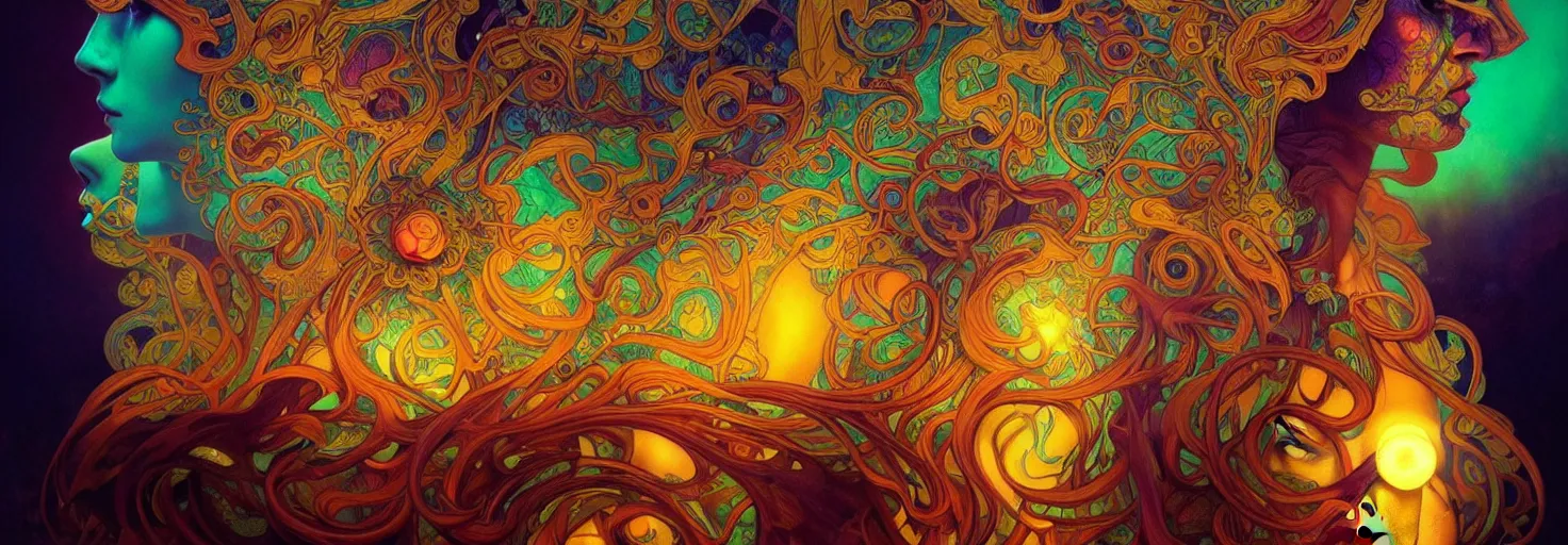 Image similar to An extremely psychedelic experience, colorful, surreal, dramatic lighting, psilocybin, LSD, centered, face, detailed, intricate, elegant, highly detailed, digital painting, artstation, concept art, smooth, sharp focus, illustration, art by Marco Plouffe, Krenz Cushart and Artem Demura and alphonse mucha