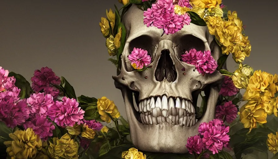Prompt: human skull covered by flowers, colorful, highly detailed, epic. octane render, excellent composition, by caravaggio, wlop, tooth wu