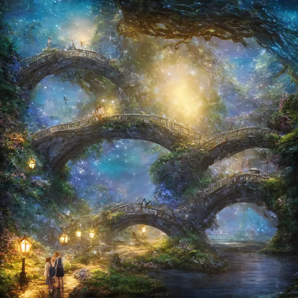 Image similar to fairyland bridge, outside of time and space, dreamy, romantic, night lighting, gorgeous lighting, dramatic cinematic lighting, intricate, highly detailed, in the style of studio ghibli, 8 k