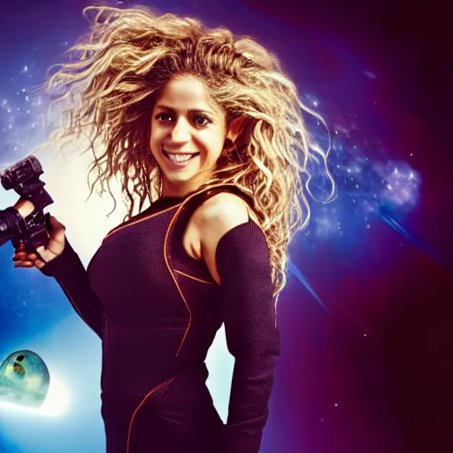 Image similar to of a closeup photo of shakira as a hero sci fi space cosmonaut holding a raygun in a nice action pose, there is an explosion on the background of a space station blowing hair and lighting her with a rim light, she is laughing,, f 2. 8, advertising studio lighting,