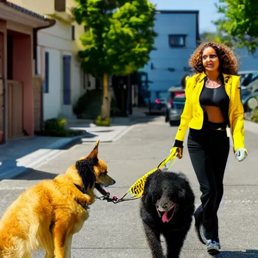 Image similar to latina woman with curly hair is wearing a cyberpunk yellow and black strap flight suit, while walking a yellow shepherd dog down a residential street in a city