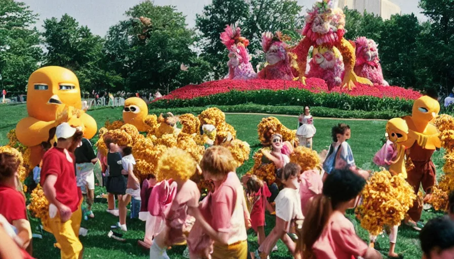 Image similar to 1990s candid photo of a beautiful day at the park, cinematic lighting, cinematic look, golden hour, large personified costumed flower people in the background, Enormous flower people mascots with friendly faces chasing kids, kids talking to flower people that are kinda scary, UHD