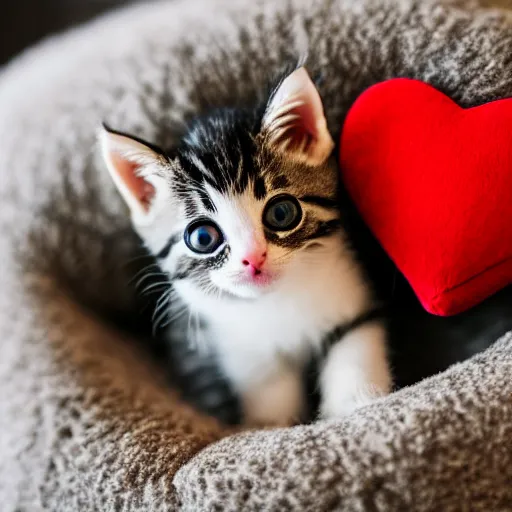 Image similar to A cute little kitten sits on the top of a plush heart-shaped pillow near fireplace, Canon EOS R3, f/1.4, ISO 200, 1/160s, 8K, RAW, unedited, symmetrical balance, in-frame