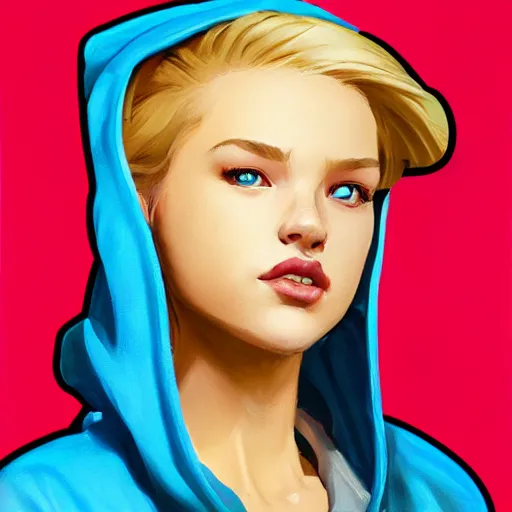 Prompt: greg manchess portrait sticker of a beautiful teen girl with blonde hair, wearing a blue hoodie, as an overwatch character, medium shot, asymmetrical, swedish, sticker, profile picture, organic painting, matte painting, bold shapes, hard edges, street art, trending on artstation, by huang guangjian and gil elvgren and sachin teng