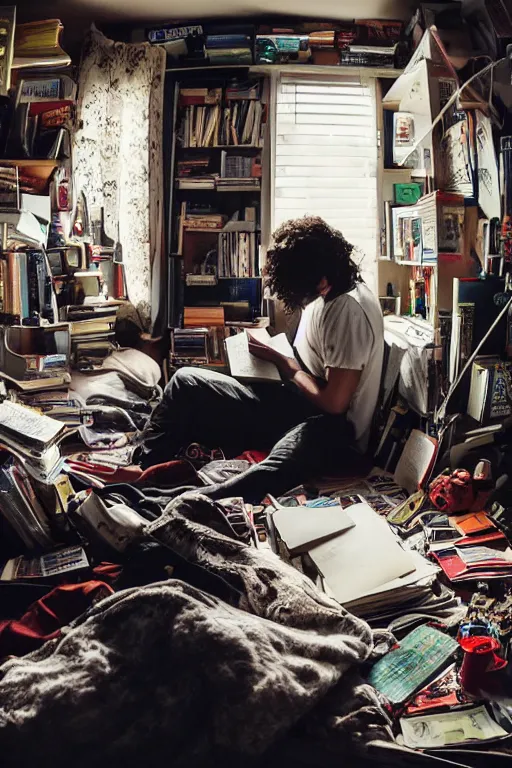 Image similar to a dramatic lighting photo of a guy reading a book in a cluttered messy 9 0 s bedroom, lofi, lo fi,