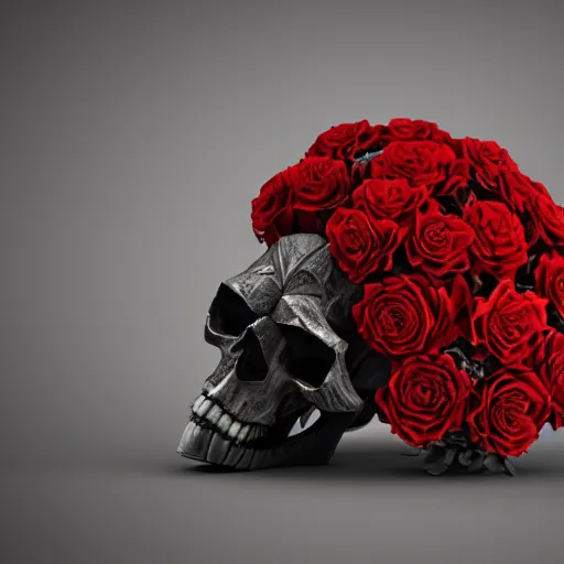 Image similar to skull made of red roses, organic horror, devil, death, giger, epic, baroque, art nouveau, james jean, photorealistic render, 3 ds max + v - ray, extremely detailed and intricate, center composition, elegant, vfx, unreal engine 5, octane render, extremely contrast, extremely sharp lines