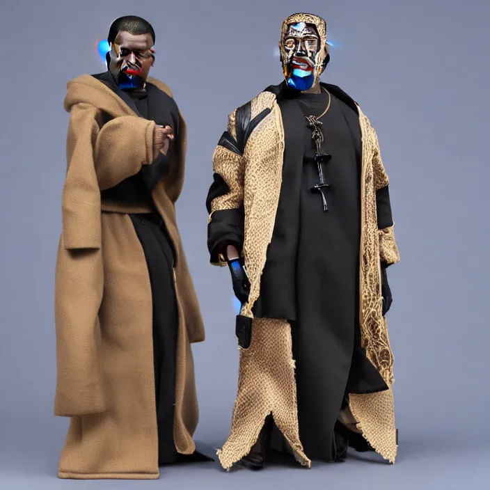 Prompt: a hot toys figure of kanye west using a black religious - themed face - covering mask with jesus graphics designed by pierre - louis auvray made of cloth, a black shirt, a blue puff undersized round jacket and black rubber boots, figurine, detailed product photo