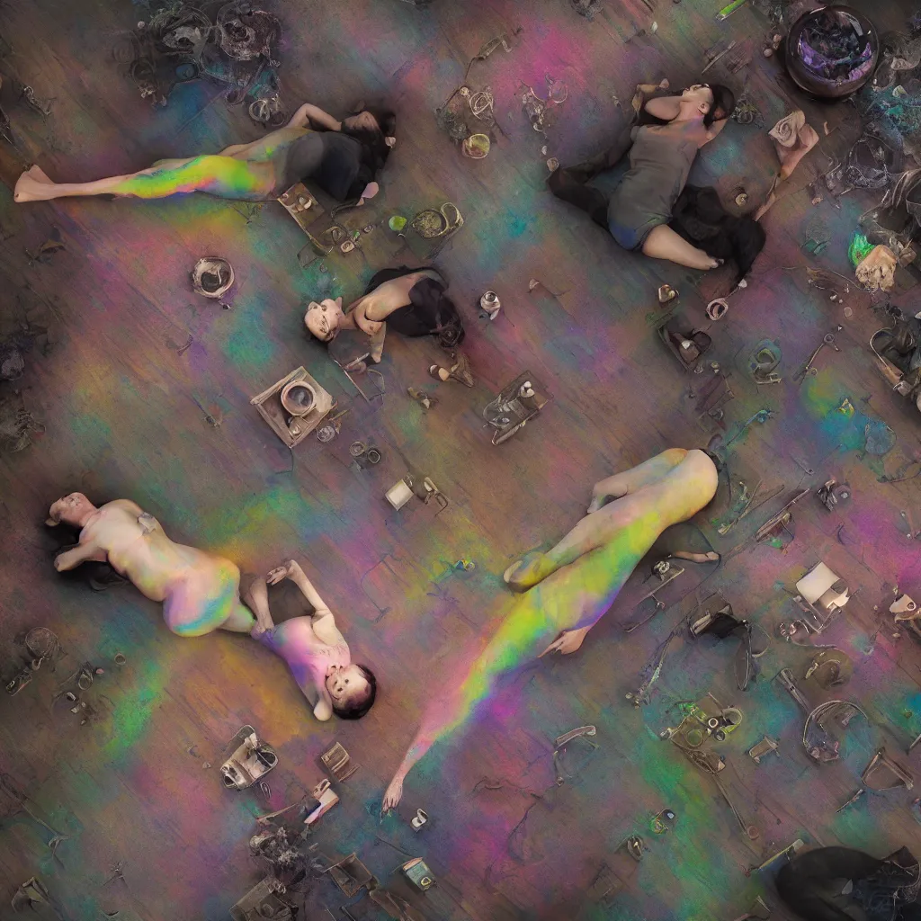 Image similar to overhead view of iridiscent oil slick and weird machines in wax with a woman's corpses with transparent pipes to a baby buried relaxing on yoga mat, faded, multicolored gradient, fog, smoke, depth of field, ultra realistic, very detailed, glitch, by nadav kander, matthew barney, 8 k hyper realistic detailed cinematic