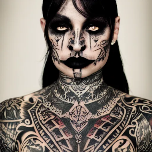 Image similar to a portrait of a goth female with maori tattoos and a lace choker, dark eyes, dark hair, olive skin, depth of field, zeiss lens, detailed, centered, artstation, fashion photoshoot, by Annie Leibovitz and Steve McCurry, David Lazar, Jimmy Nelsson, Breathtaking, 8k resolution, extremely detailed, beautiful, establishing shot, artistic, hyperrealistic, beautiful face, octane render