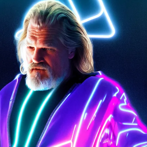 Image similar to dude lebowski dressed in bathrobe played by jeff bridges, stuck in tron realm, photorealistic movie still, detailed 8 k, poster style, high resolution