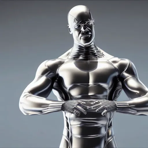 Image similar to still photo of silver surfer on his board, highly detailed, photorealistic portrait, bright studio setting, studio lighting, crisp quality and light reflections, unreal engine 5 quality render