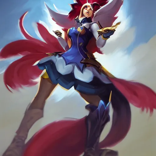 Image similar to greg manchess portrait painting of partially armored ahri from league of legends as overwatch character, medium shot, asymmetrical, profile picture, organic painting, sunny day, matte painting, bold shapes, hard edges, street art, trending on artstation, by huang guangjian, gil elvgren, ruan jia, randy vargas, greg rutkowski